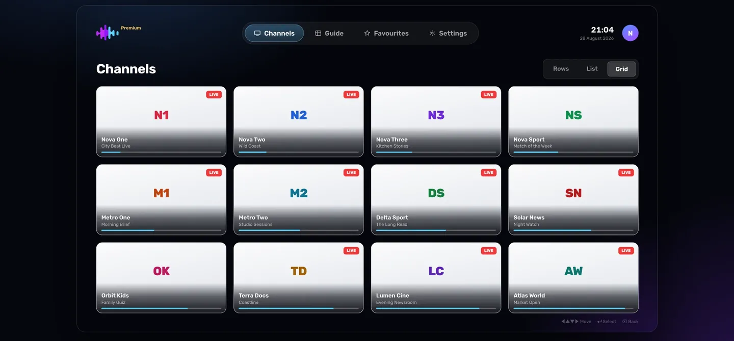 A grid for playlists with hundreds of channels